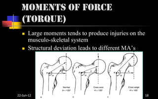 Moments of Force
  (Torque)
      Large moments tends to produce injuries on the
       musculo-skeletal system
      Structural deviation leads to different MA’s




22-Jun-12          P.Ratan (MPT, Ortho & Sports)        18
 