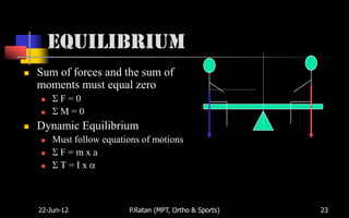 Equilibrium
   Sum of forces and the sum of
    moments must equal zero
         F=0
         M=0
   Dynamic Equilibrium
       Must follow equations of motions
        F=mxa
        T=Ix



    22-Jun-12             P.Ratan (MPT, Ortho & Sports)   23
 