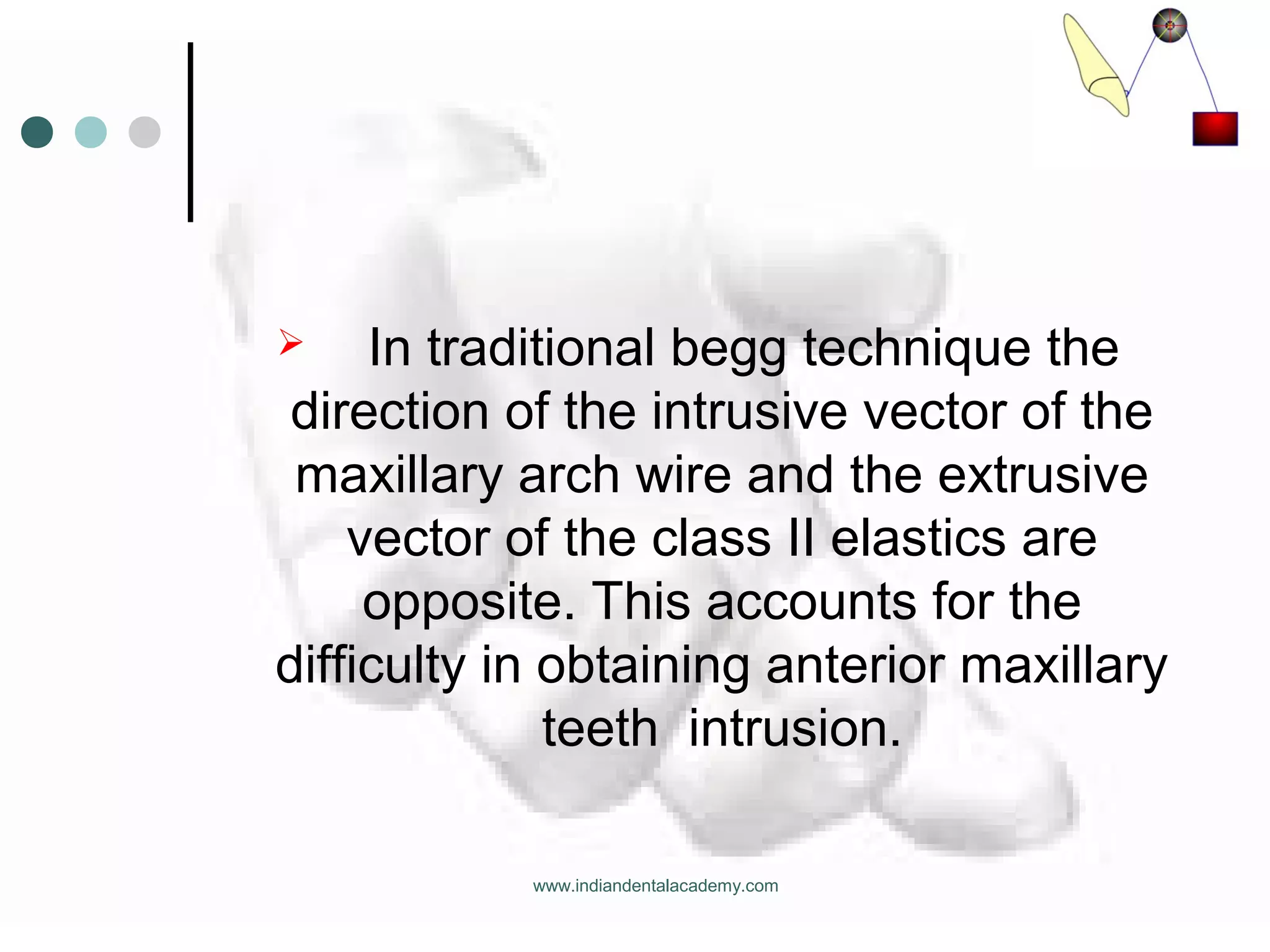  In traditional begg technique the
direction of the intrusive vector of the
maxillary arch wire and the extrusive
vector of the class II elastics are
opposite. This accounts for the
difficulty in obtaining anterior maxillary
teeth intrusion.
www.indiandentalacademy.com
 