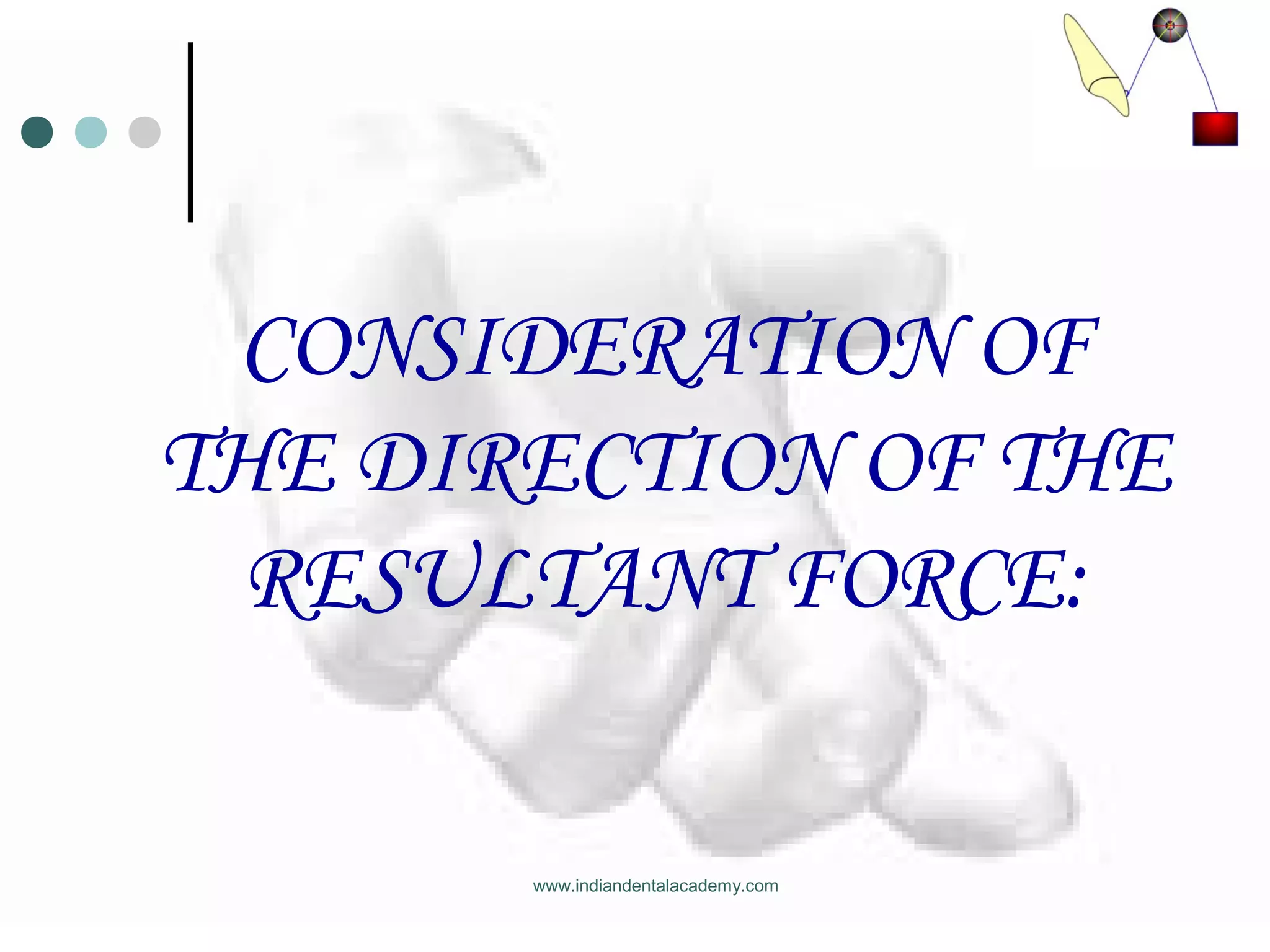 CONSIDERATION OF
THE DIRECTION OF THE
RESULTANT FORCE:
www.indiandentalacademy.com
 