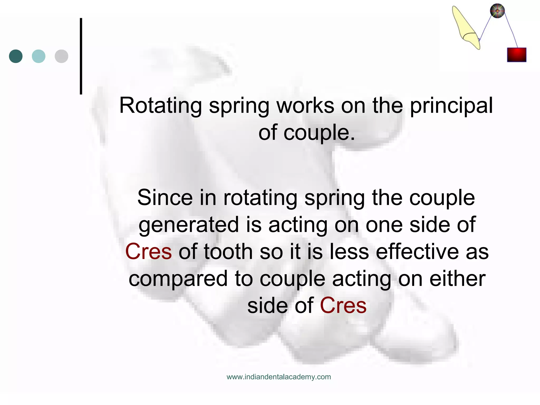 Rotating spring works on the principal
of couple.
Since in rotating spring the couple
generated is acting on one side of
Cres of tooth so it is less effective as
compared to couple acting on either
side of Cres
www.indiandentalacademy.com
 