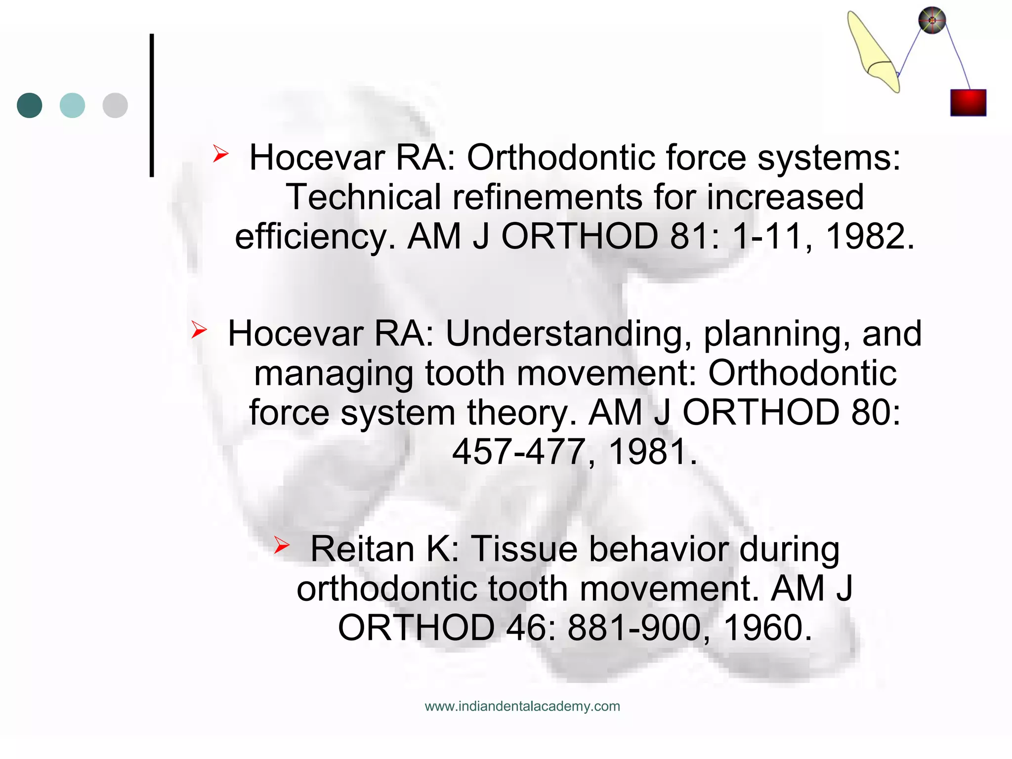  Hocevar RA: Orthodontic force systems:
Technical refinements for increased
efficiency. AM J ORTHOD 81: 1-11, 1982.
 Hocevar RA: Understanding, planning, and
managing tooth movement: Orthodontic
force system theory. AM J ORTHOD 80:
457-477, 1981.
 Reitan K: Tissue behavior during
orthodontic tooth movement. AM J
ORTHOD 46: 881-900, 1960.
www.indiandentalacademy.com
 