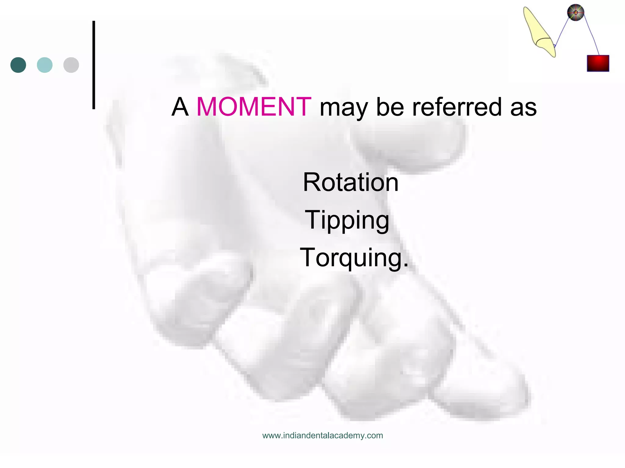 A MOMENT may be referred as
Rotation
Tipping
Torquing.
www.indiandentalacademy.com
 