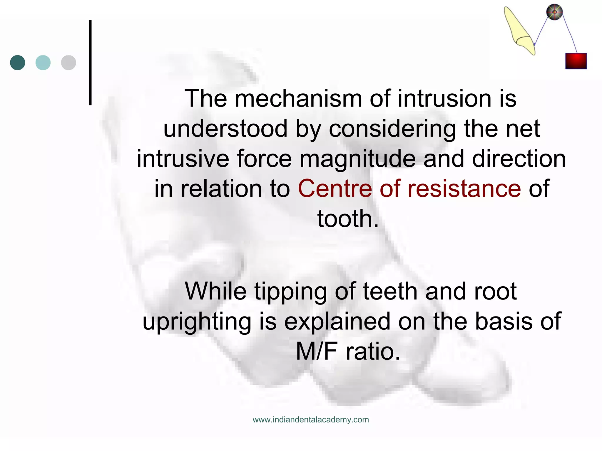 The mechanism of intrusion is
understood by considering the net
intrusive force magnitude and direction
in relation to Centre of resistance of
tooth.
While tipping of teeth and root
uprighting is explained on the basis of
M/F ratio.
www.indiandentalacademy.com
 