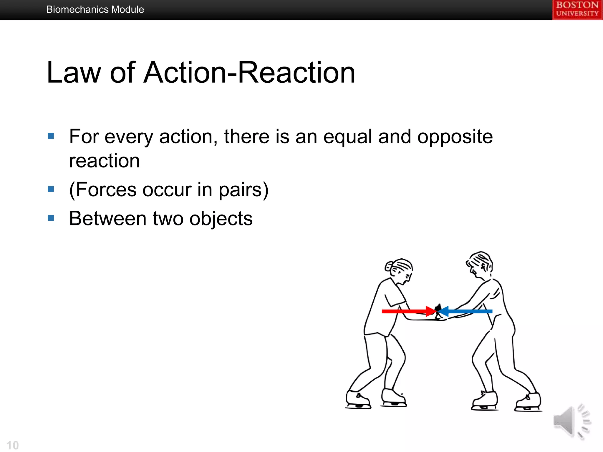 Biomechanics Module




     Law of Action-Reaction

      For every action, there is an equal and opposite
       reaction
      (Forces occur in pairs)
      Between two objects




10
 
