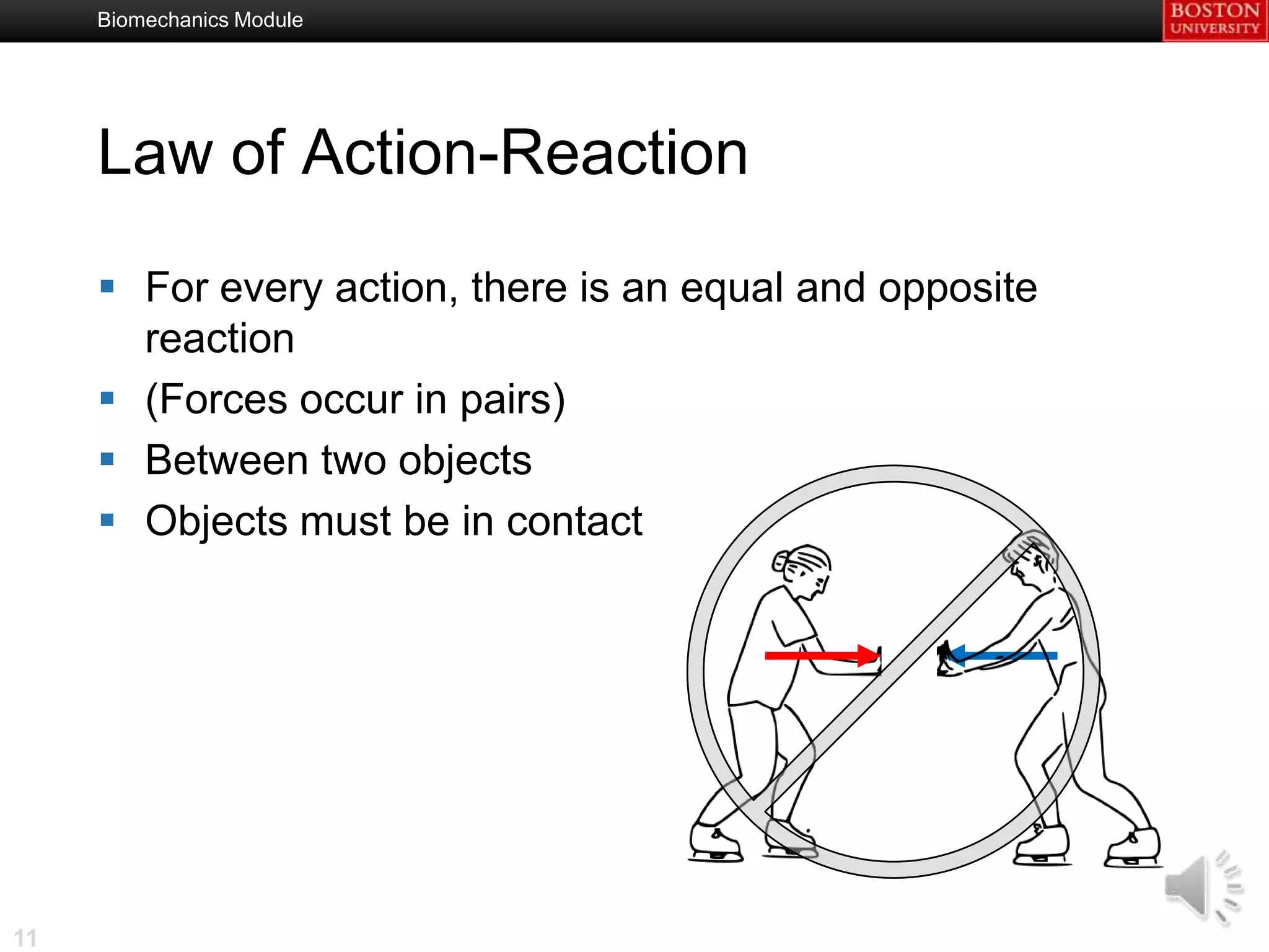 Biomechanics Module




     Law of Action-Reaction

      For every action, there is an equal and opposite
       reaction
      (Forces occur in pairs)
      Between two objects
      Objects must be in contact




11
 