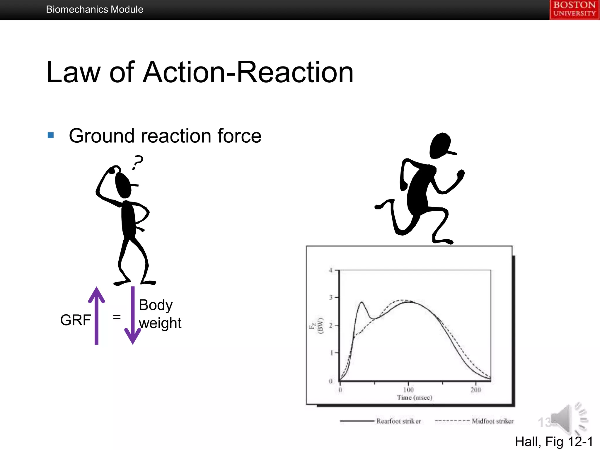 Biomechanics Module




Law of Action-Reaction

 Ground reaction force




                  Body
  GRF       =     weight




                               13
                           Hall, Fig 12-1
 