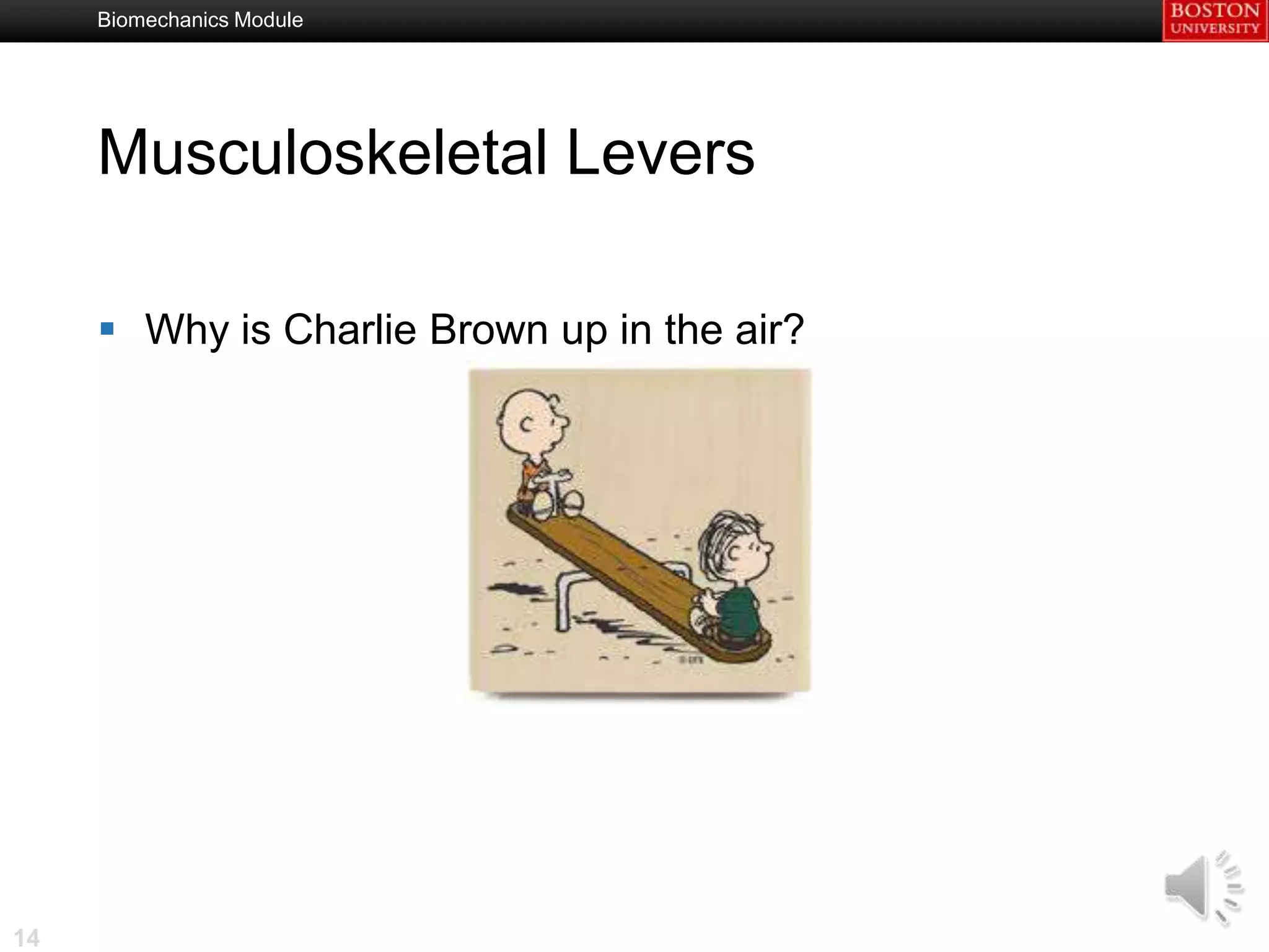 Biomechanics Module




     Musculoskeletal Levers

      Why is Charlie Brown up in the air?




14
 