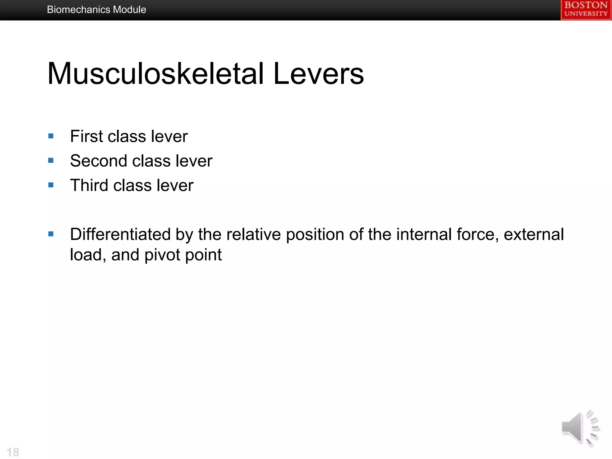 Biomechanics Module




     Musculoskeletal Levers
      First class lever
      Second class lever
      Third class lever

      Differentiated by the relative position of the internal force, external
       load, and pivot point




18
 