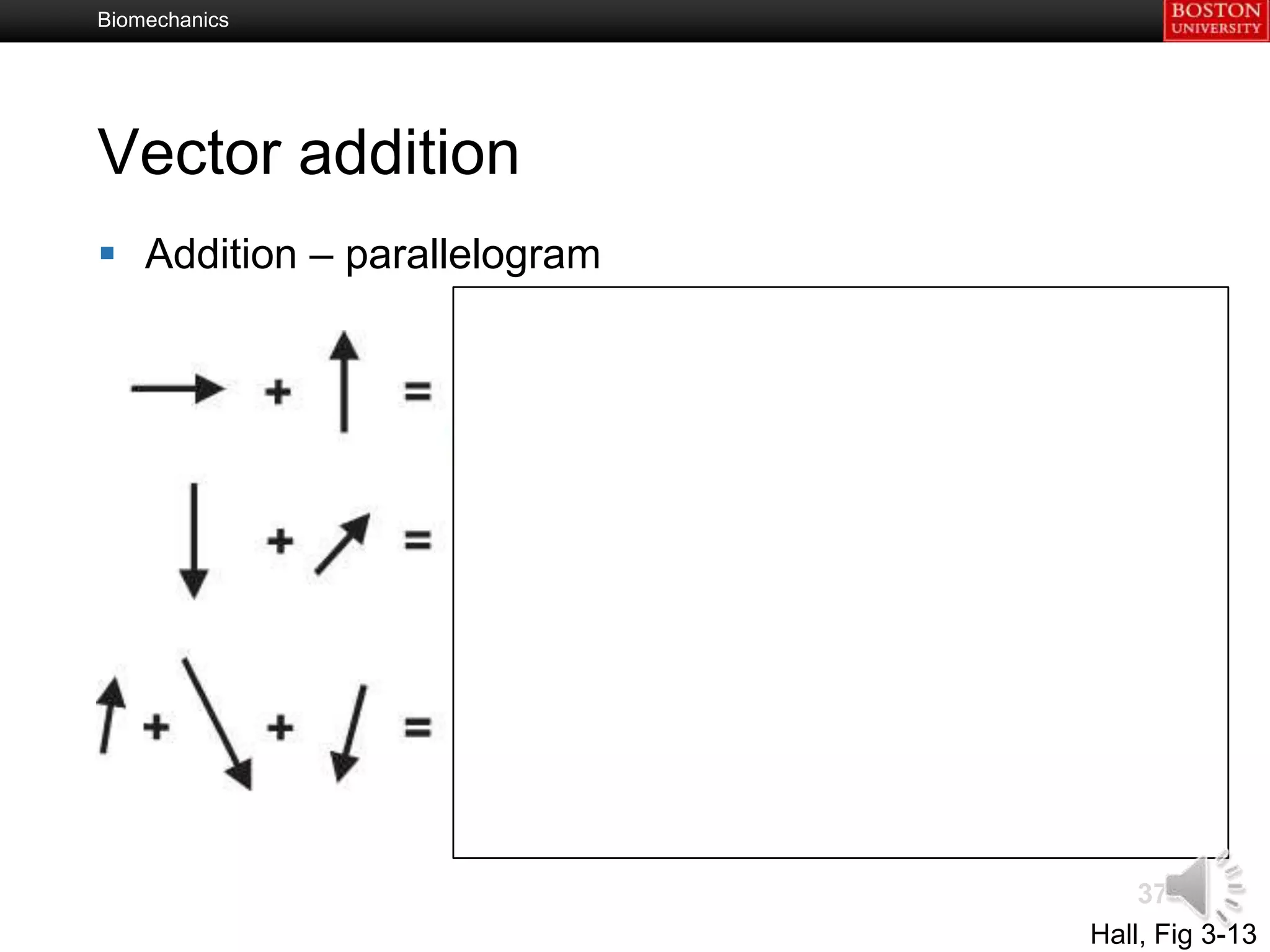 Biomechanics




Vector addition
 Addition – parallelogram




                                 37
                             Hall, Fig 3-13
 