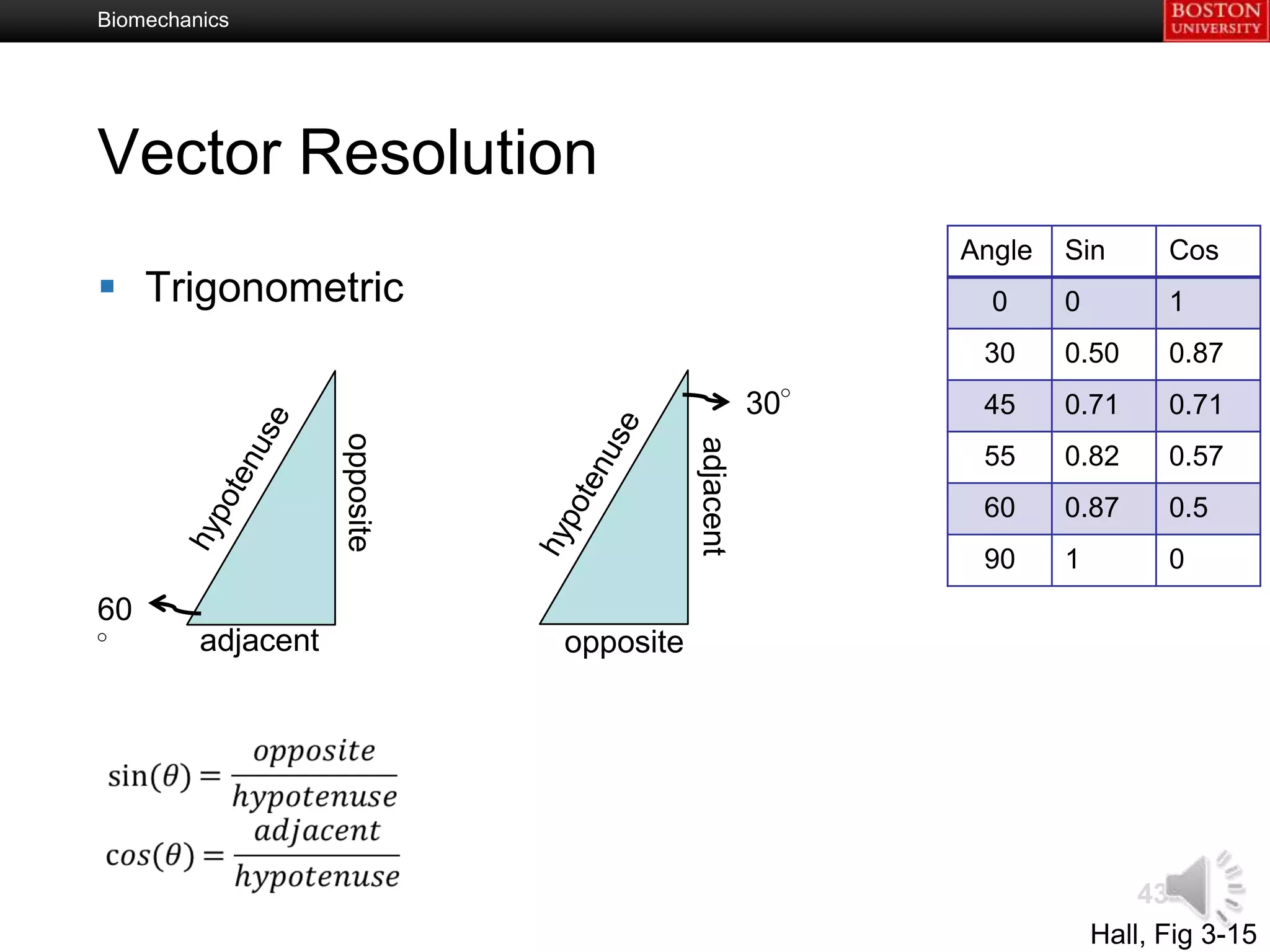 Biomechanics




Vector Resolution
                                                           Angle   Sin       Cos
 Trigonometric                                              0     0         1
                                                            30     0.50      0.87
                                                     30°    45     0.71      0.71
                    opposite




                                          adjacent
                                                            55     0.82      0.57
                                                            60     0.87      0.5
                                                            90     1         0
60
°        adjacent              opposite




                                                                           43
                                                                       Hall, Fig 3-15
 