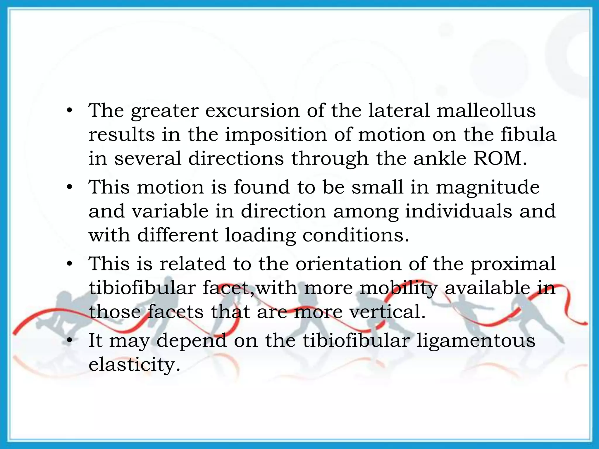 • The greater excursion of the lateral malleollus
results in the imposition of motion on the fibula
in several directions through the ankle ROM.
• This motion is found to be small in magnitude
and variable in direction among individuals and
with different loading conditions.
• This is related to the orientation of the proximal
tibiofibular facet,with more mobility available in
those facets that are more vertical.
• It may depend on the tibiofibular ligamentous
elasticity.
 