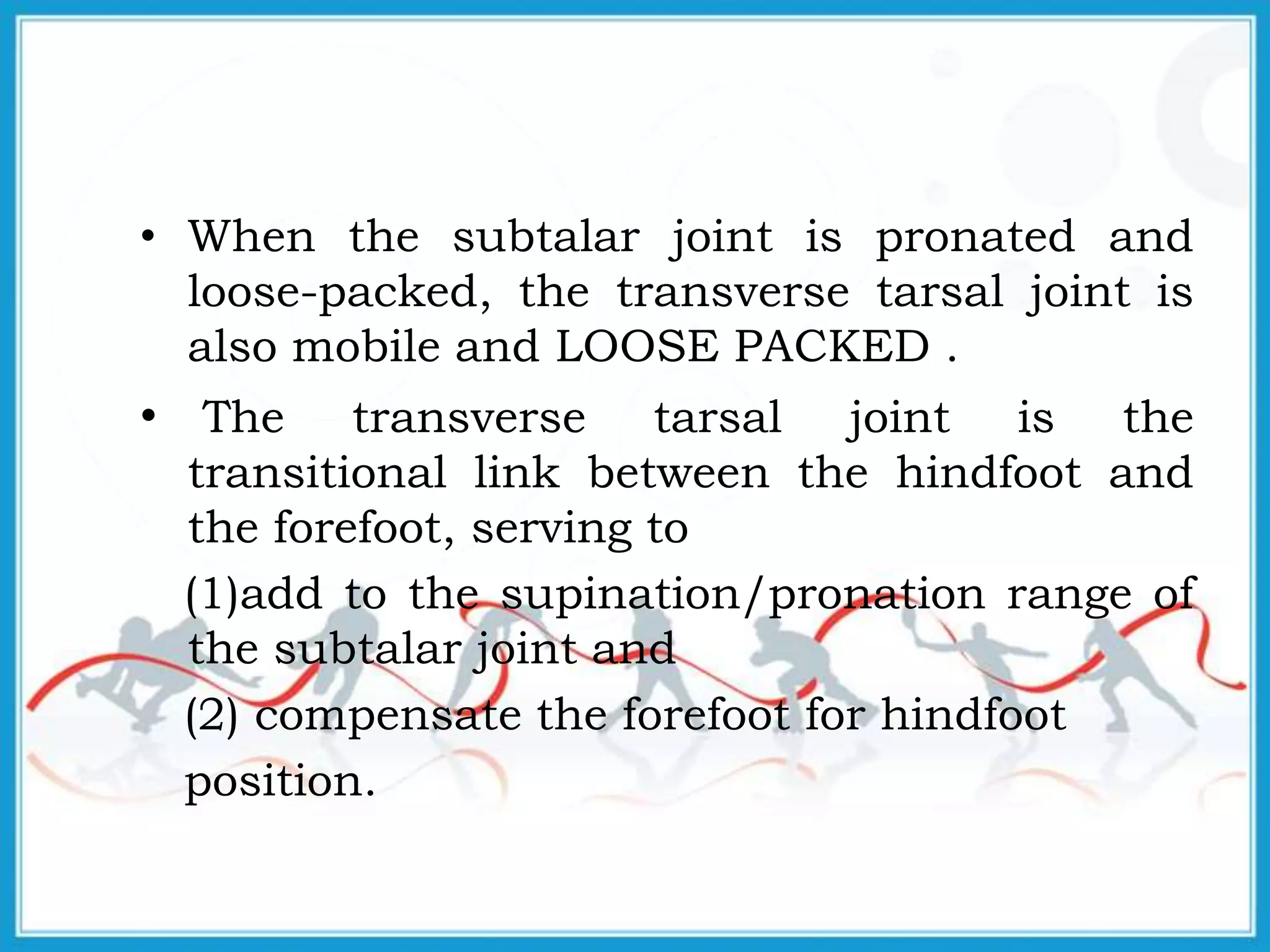 • When the subtalar joint is pronated and
loose-packed, the transverse tarsal joint is
also mobile and LOOSE PACKED .
• The transverse tarsal joint is the
transitional link between the hindfoot and
the forefoot, serving to
(1)add to the supination/pronation range of
the subtalar joint and
(2) compensate the forefoot for hindfoot
position.
 