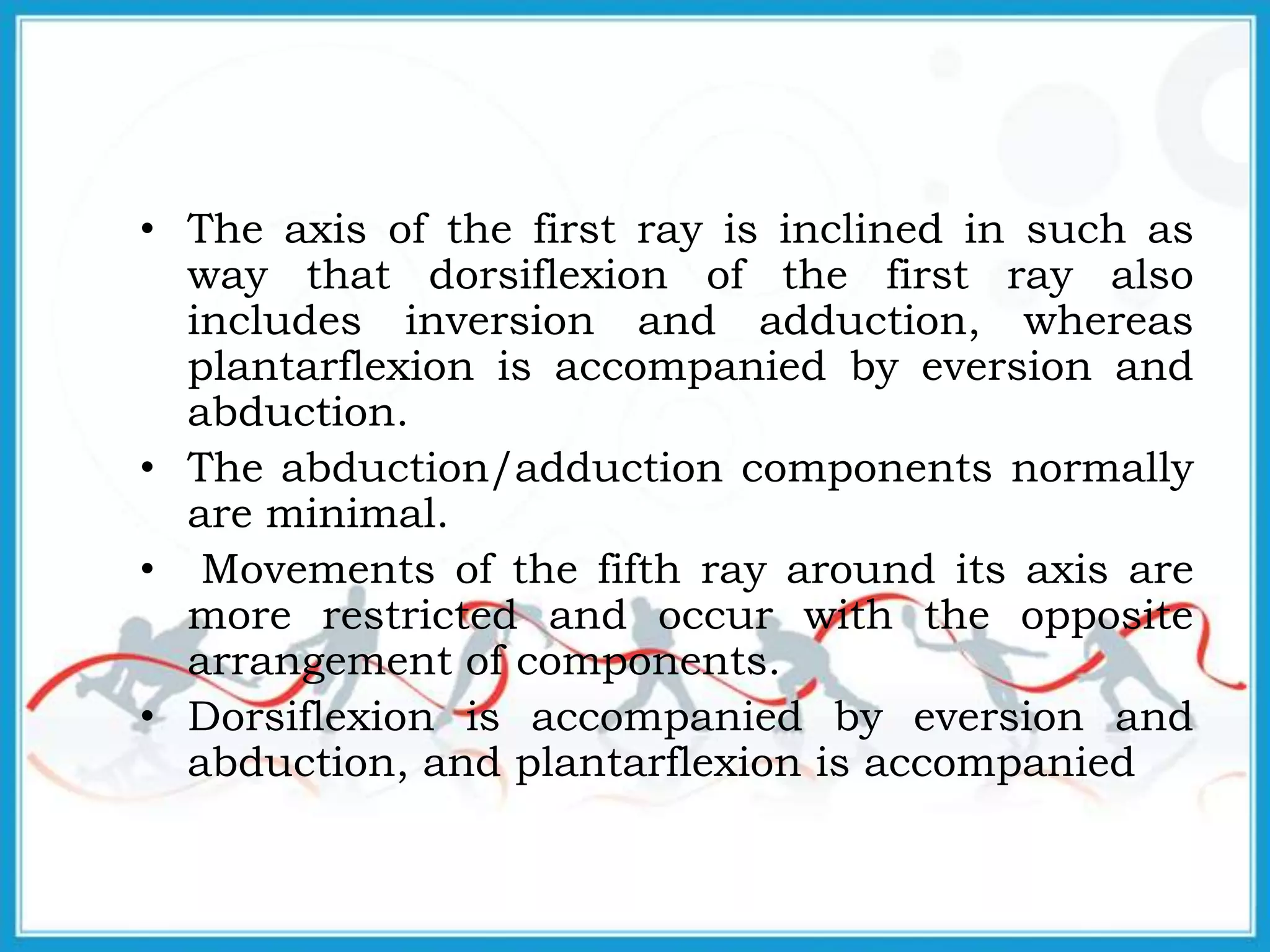• The axis of the first ray is inclined in such as
way that dorsiflexion of the first ray also
includes inversion and adduction, whereas
plantarflexion is accompanied by eversion and
abduction.
• The abduction/adduction components normally
are minimal.
• Movements of the fifth ray around its axis are
more restricted and occur with the opposite
arrangement of components.
• Dorsiflexion is accompanied by eversion and
abduction, and plantarflexion is accompanied
 