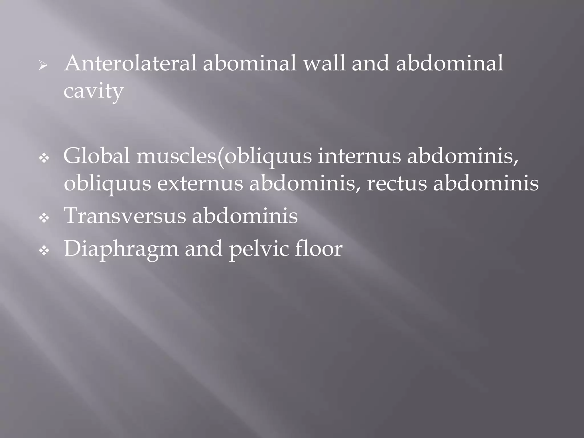  Anterolateral abominal wall and abdominal
cavity
 Global muscles(obliquus internus abdominis,
obliquus externus abdominis, rectus abdominis
 Transversus abdominis
 Diaphragm and pelvic floor
 