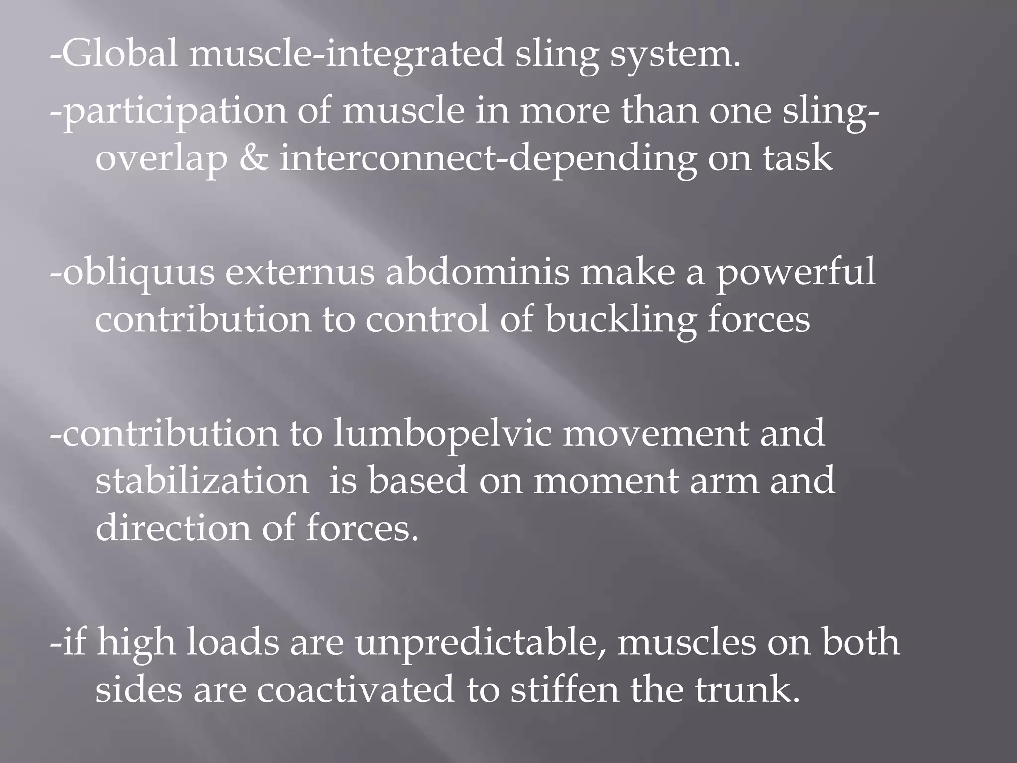 -Global muscle-integrated sling system.
-participation of muscle in more than one sling-
overlap & interconnect-depending on task
-obliquus externus abdominis make a powerful
contribution to control of buckling forces
-contribution to lumbopelvic movement and
stabilization is based on moment arm and
direction of forces.
-if high loads are unpredictable, muscles on both
sides are coactivated to stiffen the trunk.
 