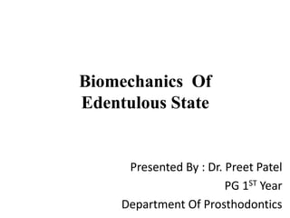Biomechanics Of
Edentulous State
Presented By : Dr. Preet Patel
PG 1ST Year
Department Of Prosthodontics
 