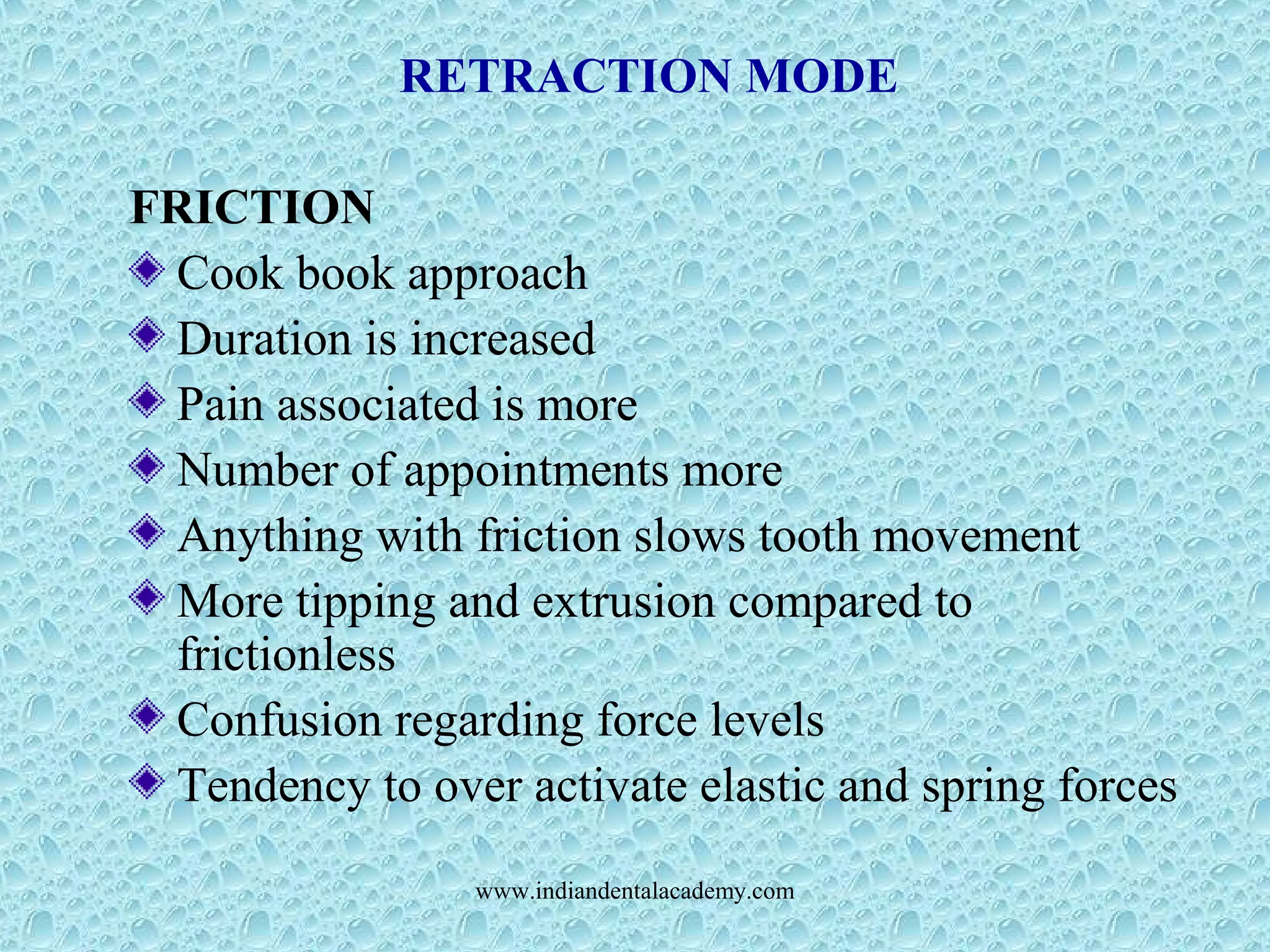 RETRACTION MODE
FRICTION
Cook book approach
Duration is increased
Pain associated is more
Number of appointments more
Anything with friction slows tooth movement
More tipping and extrusion compared to
frictionless
Confusion regarding force levels
Tendency to over activate elastic and spring forces
www.indiandentalacademy.com
 