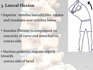 3. Lateral Flexion
• Superior vertebra laterally tilts, rotates
and translates over vertebra below
• Annulus fibrosus is compressed on
concavity of curve and stretched on
convex side
• Nucleus pulposus migrate slightly
towards
convex side of bend
45
 