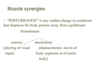 Muscle synergies
- “PERTURBATION” is any sudden change in conditions
that displaces the body posture away from equilibrium
Perturbation
sensory mechanical
(altering of visual (displacements- movts of
input) body segments or of entire
body)
 