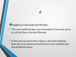 d
INNER ACTION AND NUTRITION:
• The intervertebral discs are innervated in the outer 1/3 to
1/2 of the fibers of anulus fibrosus.
• In the cervical and lumbar regions, the intervertebral
discs are innervated by branches from the vertebra and
sinuvertebral nerves.
 