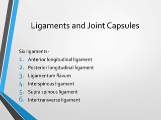 Ligaments and Joint Capsules
Six ligaments-
1. Anterior longitudinal ligament
2. Posterior longitudinal ligament
3. Ligamentum flavum
4. Interspinous ligament
5. Supra spinous ligament
6. Intertransverse ligament
 