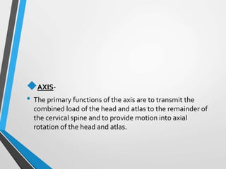 AXIS-
• The primary functions of the axis are to transmit the
combined load of the head and atlas to the remainder of
the cervical spine and to provide motion into axial
rotation of the head and atlas.
 