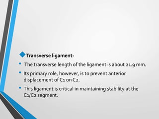 Transverse ligament-
• The transverse length of the ligament is about 21.9 mm.
• Its primary role, however, is to prevent anterior
displacement of C1 on C2.
• This ligament is critical in maintaining stability at the
C1/C2 segment.
 