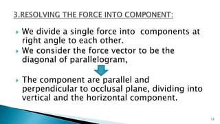  We divide a single force into components at
right angle to each other.
 We consider the force vector to be the
diagonal of parallelogram,
 The component are parallel and
perpendicular to occlusal plane, dividing into
vertical and the horizontal component.
11
 