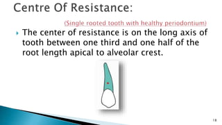  The center of resistance is on the long axis of
tooth between one third and one half of the
root length apical to alveolar crest.
18
 