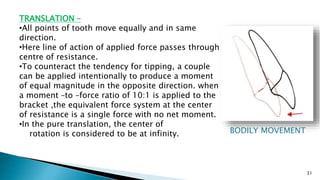 31
BODILY MOVEMENT
TRANSLATION –
•All points of tooth move equally and in same
direction.
•Here line of action of applied force passes through
centre of resistance.
•To counteract the tendency for tipping, a couple
can be applied intentionally to produce a moment
of equal magnitude in the opposite direction. when
a moment –to –force ratio of 10:1 is applied to the
bracket ,the equivalent force system at the center
of resistance is a single force with no net moment.
•In the pure translation, the center of
rotation is considered to be at infinity.
 