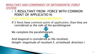  1.RESULTANT FROM FORCE WITH COMMON
POINT OF APPLICATIO N:
THE PARALLELOGRAM METHOD:
If 2 force have common point of application, than they are
considered as the side of the parallelogram
We complete the parallellogram.
And diagonal is considered as the resultant.
(length: magnitude of resultant F, arrowhead: direction )
7
 