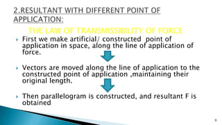 THE LAW OF TRANSMISSIBILITY OF FORCE
 First we make artificial/ constructed point of
application in space, along the line of application of
force.
 Vectors are moved along the line of application to the
constructed point of application ,maintaining their
original length.
 Then parallelogram is constructed, and resultant F is
obtained
9
 