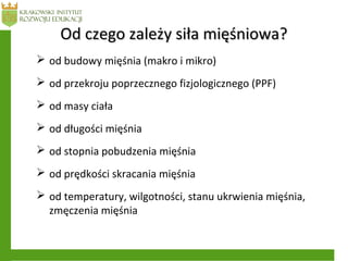 Od czego zależy siła mięśniowa?Od czego zależy siła mięśniowa?
 od budowy mięśnia (makro i mikro)
 od przekroju poprzecznego fizjologicznego (PPF)
 od masy ciała
 od długości mięśnia
 od stopnia pobudzenia mięśnia
 od prędkości skracania mięśnia
 od temperatury, wilgotności, stanu ukrwienia mięśnia,
zmęczenia mięśnia
 