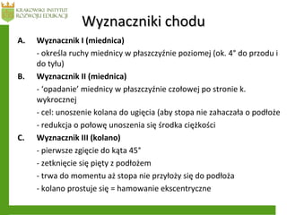 Wyznaczniki choduWyznaczniki chodu
A. Wyznacznik I (miednica)
- określa ruchy miednicy w płaszczyźnie poziomej (ok. 4° do przodu i
do tyłu)
B. Wyznacznik II (miednica)
- ‘opadanie’ miednicy w płaszczyźnie czołowej po stronie k.
wykrocznej
- cel: unoszenie kolana do ugięcia (aby stopa nie zahaczała o podłoże
- redukcja o połowę unoszenia się środka ciężkości
C. Wyznacznik III (kolano)
- pierwsze zgięcie do kąta 45°
- zetknięcie się pięty z podłożem
- trwa do momentu aż stopa nie przyłoży się do podłoża
- kolano prostuje się = hamowanie ekscentryczne
 