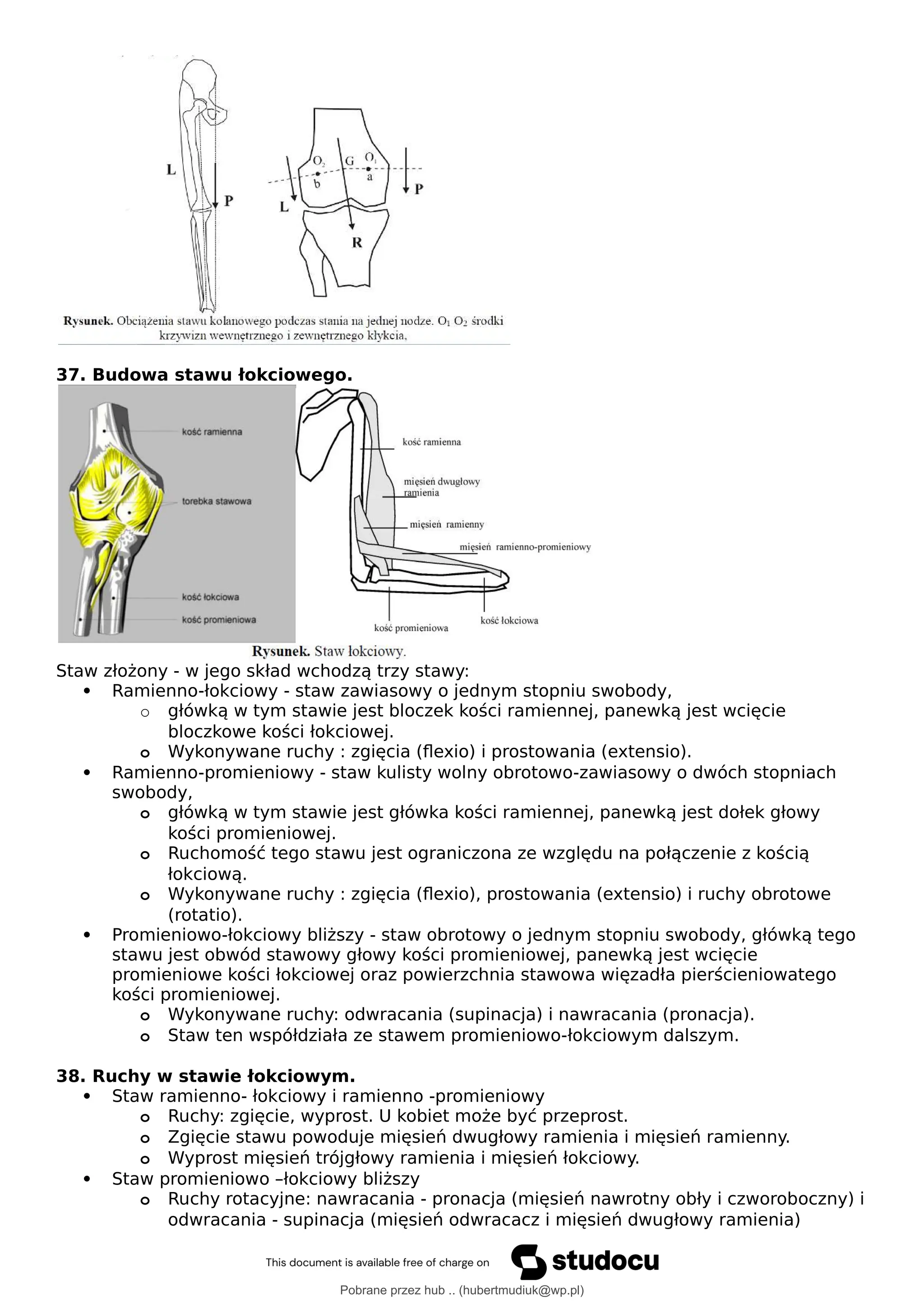 37. Budowa stawu łokciowego.
Staw złożony - w jego skład wchodzą trzy stawy:
 Ramienno-łokciowy - staw zawiasowy o jednym stopniu swobody,
o główką w tym stawie jest bloczek kości ramiennej, panewką jest wcięcie
bloczkowe kości łokciowej.
o Wykonywane ruchy : zgięcia (flexio) i prostowania (extensio).
 Ramienno-promieniowy - staw kulisty wolny obrotowo-zawiasowy o dwóch stopniach
swobody,
o główką w tym stawie jest główka kości ramiennej, panewką jest dołek głowy
kości promieniowej.
o Ruchomość tego stawu jest ograniczona ze względu na połączenie z kością
łokciową.
o Wykonywane ruchy : zgięcia (flexio), prostowania (extensio) i ruchy obrotowe
(rotatio).
 Promieniowo-łokciowy bliższy - staw obrotowy o jednym stopniu swobody, główką tego
stawu jest obwód stawowy głowy kości promieniowej, panewką jest wcięcie
promieniowe kości łokciowej oraz powierzchnia stawowa więzadła pierścieniowatego
kości promieniowej.
o Wykonywane ruchy: odwracania (supinacja) i nawracania (pronacja).
o Staw ten współdziała ze stawem promieniowo-łokciowym dalszym.
38. Ruchy w stawie łokciowym.
 Staw ramienno- łokciowy i ramienno -promieniowy
o Ruchy: zgięcie, wyprost. U kobiet może być przeprost.
o Zgięcie stawu powoduje mięsień dwugłowy ramienia i mięsień ramienny.
o Wyprost mięsień trójgłowy ramienia i mięsień łokciowy.
 Staw promieniowo –łokciowy bliższy
o Ruchy rotacyjne: nawracania - pronacja (mięsień nawrotny obły i czworoboczny) i
odwracania - supinacja (mięsień odwracacz i mięsień dwugłowy ramienia)
Pobrane przez hub .. (hubertmudiuk@wp.pl)
lOMoARcPSD|18661335
 