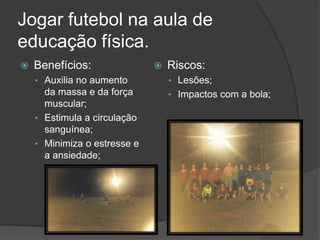 Jogar futebol na aula de
educação física.
 Benefícios:
• Auxilia no aumento
da massa e da força
muscular;
• Estimula a circulação
sanguínea;
• Minimiza o estresse e
a ansiedade;
 Riscos:
• Lesões;
• Impactos com a bola;
 