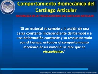 Comportamiento Biomecánico del
Cartílago Articular
Nordin, M. (2001). Biomecánica Básica del Sistema Musculoesquelético. Madrid: McGrawHIll.
NATURALEZA DE LA VISCOELASTICIDAD DEL CARTÍLAGO ARTICULAR
“Si un material se somete a la acción de una
carga constante (independiente del tiempo) o a
una deformación constante y su respuesta varía
con el tiempo, entonces el comportamiento
mecánico de un material se dice que es
viscoelástico.”
 