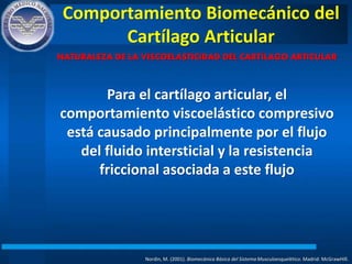Comportamiento Biomecánico del
Cartílago Articular
Nordin, M. (2001). Biomecánica Básica del Sistema Musculoesquelético. Madrid: McGrawHIll.
NATURALEZA DE LA VISCOELASTICIDAD DEL CARTÍLAGO ARTICULAR
Para el cartílago articular, el
comportamiento viscoelástico compresivo
está causado principalmente por el flujo
del fluido intersticial y la resistencia
friccional asociada a este flujo
 