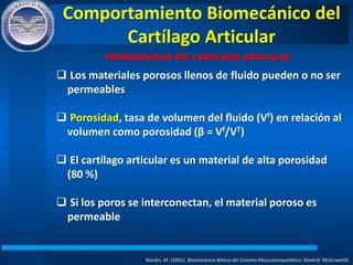 Comportamiento Biomecánico del
Cartílago Articular
Nordin, M. (2001). Biomecánica Básica del Sistema Musculoesquelético. Madrid: McGrawHIll.
PERMEABILIDAD DEL CARTÍLAGO ARTICULAR
 Los materiales porosos llenos de fluido pueden o no ser
permeables
 Porosidad, tasa de volumen del fluido (Vf) en relación al
volumen como porosidad (β = Vf/VT)
 El cartílago articular es un material de alta porosidad
(80 %)
 Si los poros se interconectan, el material poroso es
permeable
 
