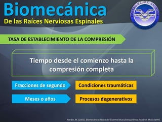 Biomecánica
Nordin, M. (2001). Biomecánica Básica del Sistema Musculoesquelético. Madrid: McGrawHIll.
De las Raíces Nerviosas Espinales
TASA DE ESTABLECIMIENTO DE LA COMPRESIÓN
Tiempo desde el comienzo hasta la
compresión completa
Fracciones de segundo
Meses o años
Condiciones traumáticas
Procesos degenerativos
 