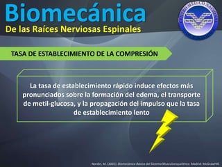 Biomecánica
Nordin, M. (2001). Biomecánica Básica del Sistema Musculoesquelético. Madrid: McGrawHIll.
De las Raíces Nerviosas Espinales
TASA DE ESTABLECIMIENTO DE LA COMPRESIÓN
La tasa de establecimiento rápido induce efectos más
pronunciados sobre la formación del edema, el transporte
de metil-glucosa, y la propagación del impulso que la tasa
de establecimiento lento
 