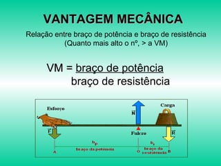 VANTAGEM MECÂNICA
Relação entre braço de potência e braço de resistência
           (Quanto mais alto o nº, > a VM)


      VM = braço de potência
          braço de resistência
 