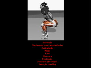 Exercício
Movimento (contra-resistência)
        Articulação
           Plano
            Eixo
         Alavanca
        Contração
    Músculos envolvidos
     Inserção (auxílio)
 