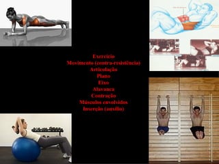 Exercício
Movimento (contra-resistência)
        Articulação
           Plano
            Eixo
         Alavanca
        Contração
    Músculos envolvidos
     Inserção (auxílio)
 