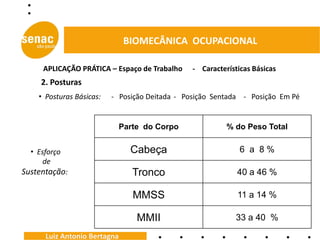 BIOMECÂNICA OCUPACIONAL

     APLICAÇÃO PRÁTICA – Espaço de Trabalho    - Características Básicas
     2. Posturas
    • Posturas Básicas:   - Posição Deitada - Posição Sentada - Posição Em Pé


                              Parte do Corpo             % do Peso Total


  • Esforço                     Cabeça                       6 a 8%
      de
Sustentação:                     Tronco                     40 a 46 %

                                 MMSS                       11 a 14 %

                                  MMII                      33 a 40 %

      Luiz Antonio Bertagna
 