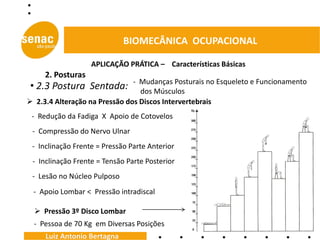 BIOMECÂNICA OCUPACIONAL

                   APLICAÇÃO PRÁTICA – Características Básicas
     2. Posturas
                               - Mudanças Posturais no Esqueleto e Funcionamento
 • 2.3 Postura Sentada:          dos Músculos
 2.3.4 Alteração na Pressão dos Discos Intervertebrais
 - Redução da Fadiga X Apoio de Cotovelos
 - Compressão do Nervo Ulnar
 - Inclinação Frente = Pressão Parte Anterior
 - Inclinação Frente = Tensão Parte Posterior
 - Lesão no Núcleo Pulposo
 - Apoio Lombar < Pressão intradiscal

   Pressão 3º Disco Lombar
  - Pessoa de 70 Kg em Diversas Posições
     Luiz Antonio Bertagna
 