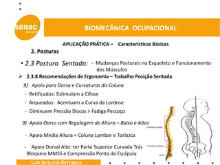 BIOMECÂNICA OCUPACIONAL

                   APLICAÇÃO PRÁTICA – Características Básicas
     2. Posturas

• 2.3 Postura Sentada:      - Mudanças Posturais no Esqueleto e Funcionamento
                              dos Músculos
 2.3.8 Recomendações de Ergonomia – Trabalho Posição Sentada
  8) Apoio para Dorso e Curvaturas da Coluna
  - Retificados: Estimulam a Cifose
  - Arqueados: Acentuam a Curva da Lordose
  - Diminuem Pressão Discos > Fadiga Pescoço

 9) Apoio Dorso com Regulagem de Altura – Baixo e Altos

  - Apoio Média Altura = Coluna Lombar e Torácica

  - Apoio Dorsal Alto: ter Parte Superior Curvada Trás
   Bloqueio MMSS e Compressão Ponta da Escápula
     Luiz Antonio Bertagna
 