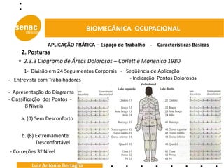 BIOMECÂNICA OCUPACIONAL

                APLICAÇÃO PRÁTICA – Espaço de Trabalho - Características Básicas
     2. Posturas
    • 2.3.3 Diagrama de Áreas Dolorosas – Corlett e Manenica 1980
      1- Divisão em 24 Seguimentos Corporais - Seqüência de Aplicação
- Entrevista com Trabalhadores                  - Indicação Pontos Dolorosos

- Apresentação do Diagrama
- Classificação dos Pontos -
         8 Níveis

     a. (0) Sem Desconforto


     b. (8) Extremamente
            Desconfortável
- Correções 3º Nível

          Luiz Antonio Bertagna
 