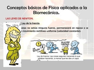 Conceptos básicos de Física aplicados a la
Biomecánica.
LAS LEYES DE NEWTON.
Primera Ley o Ley de la Inercia.
Si sobre un cuerpo no actúa ninguna fuerza, permanecerá en reposo o se
moverá con movimiento rectilíneo uniforme (velocidad constante).
 